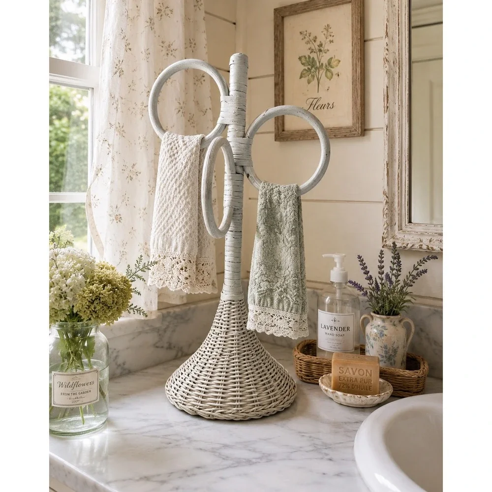Vintage White Wicker Towel Holder 3-Ring Rack Shabby Chic Coastal Cottagecore
